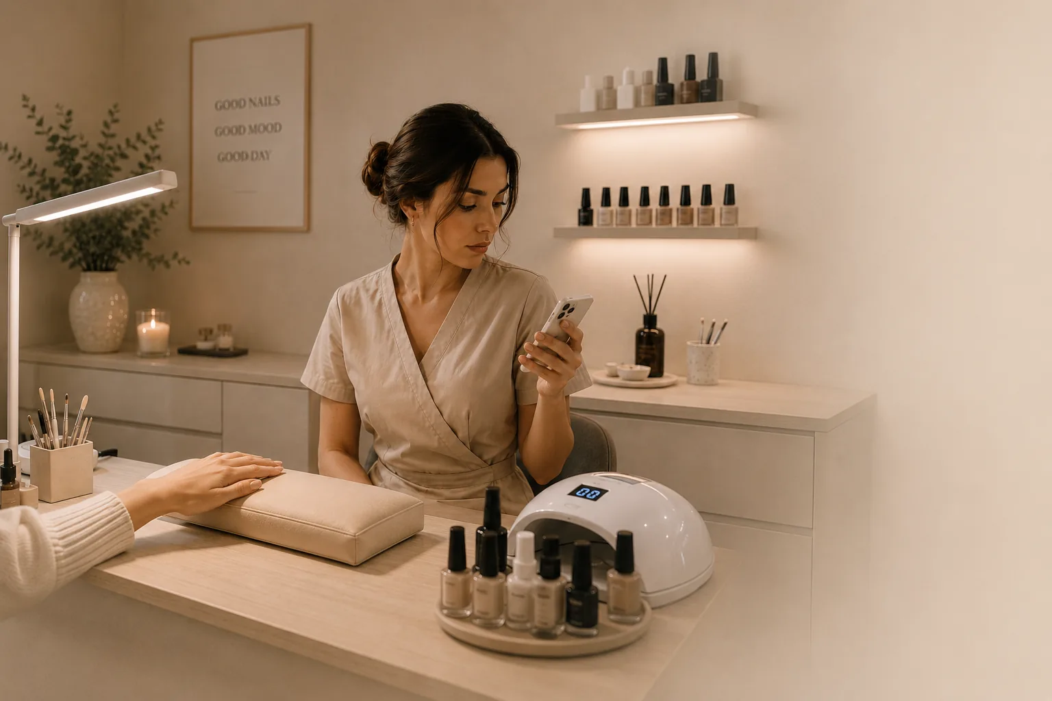 Beauty specialist with phone